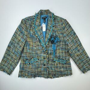 Lane Bryant 22 Tweed Fringe Trim Blazer Jacket Multicolor Blue Green NWT $119